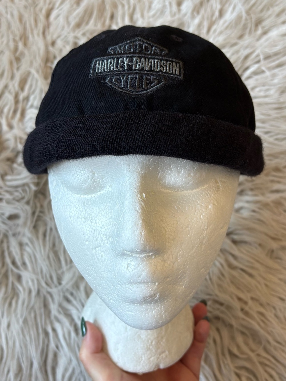Harley Davidson Vintage Micro Corduroy Black Brimless Docker Skull Cap Hat EUC